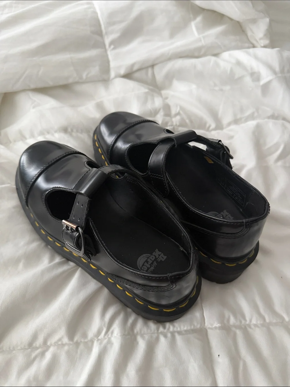Dr. Martens Black Mary Jane Platform Shoes with Yellow Stitching